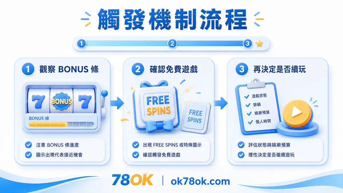 跑跑愛麗絲觸發機制流程圖，提醒觀察 BONUS 條、確認免費遊戲再決定是否續玩