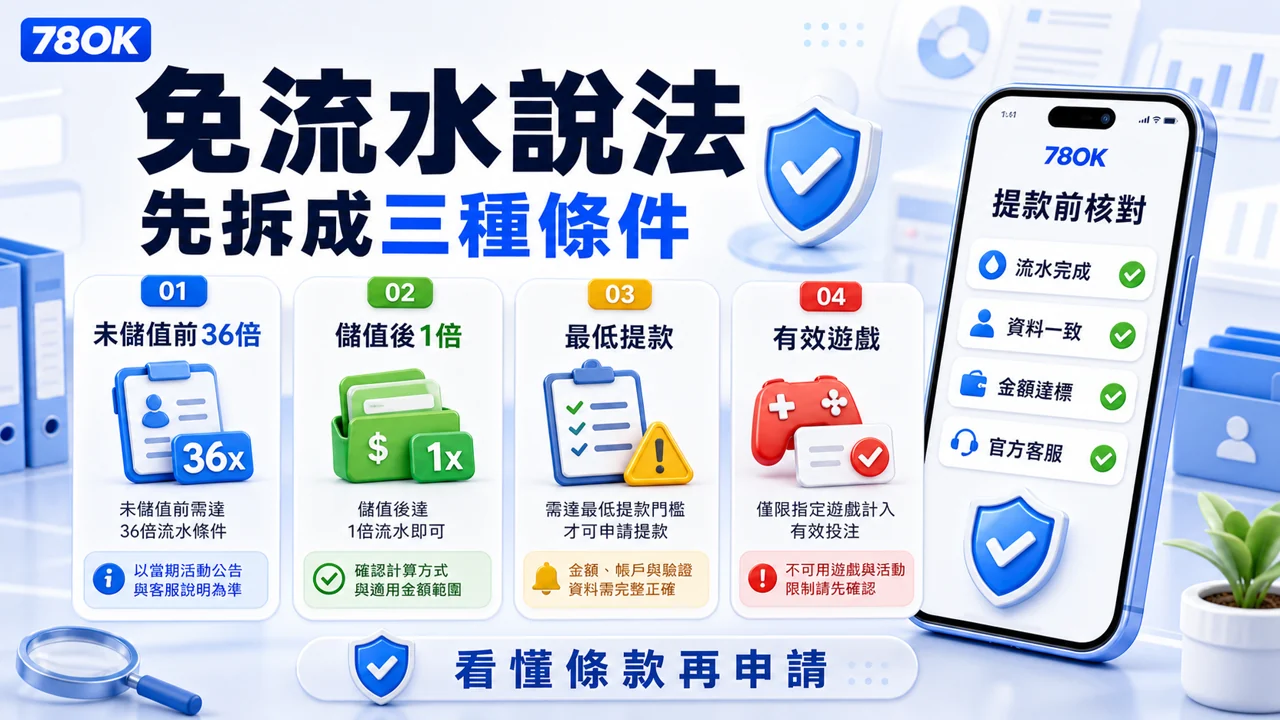 TU 免流水說法與提款前核對圖，提醒讀者拆分未儲值 36 倍、儲值後 1 倍、最低提款與有效遊戲