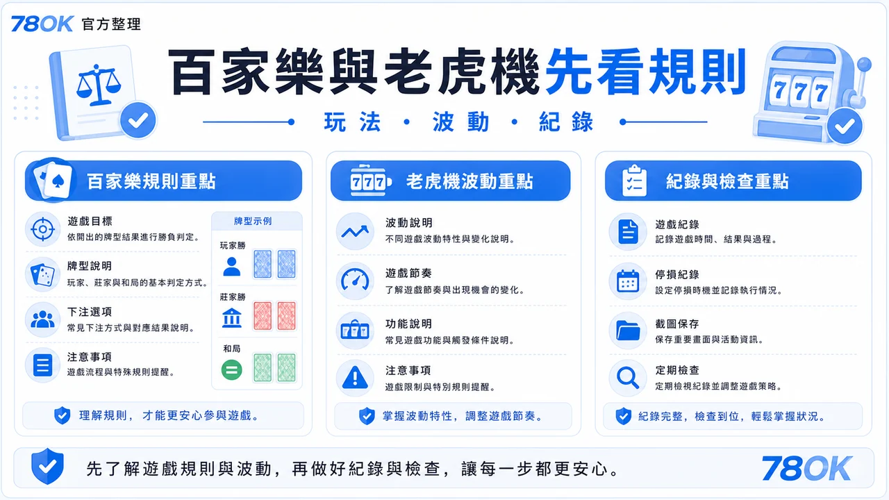 TU 百家樂與老虎機規則圖，包含玩法、波動與紀錄