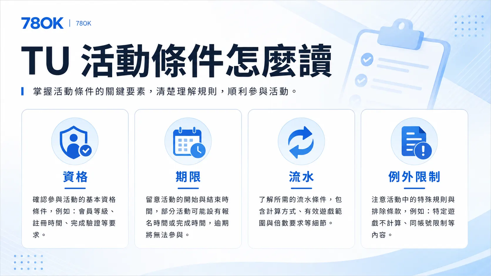 TU TU 活動條件閱讀圖，提醒核對資格、期限、流水與例外限制