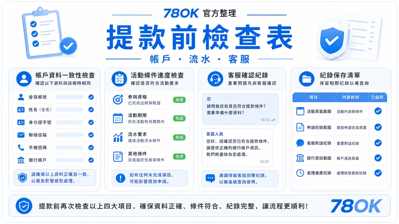 TU 提款前檢查表圖，包含帳戶、流水與客服