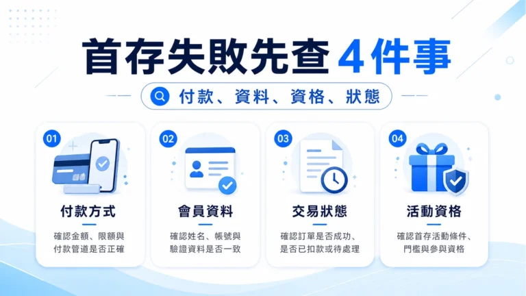 TU 首存失敗先查 4 件事圖卡，整理付款、資料、資格與交易狀態