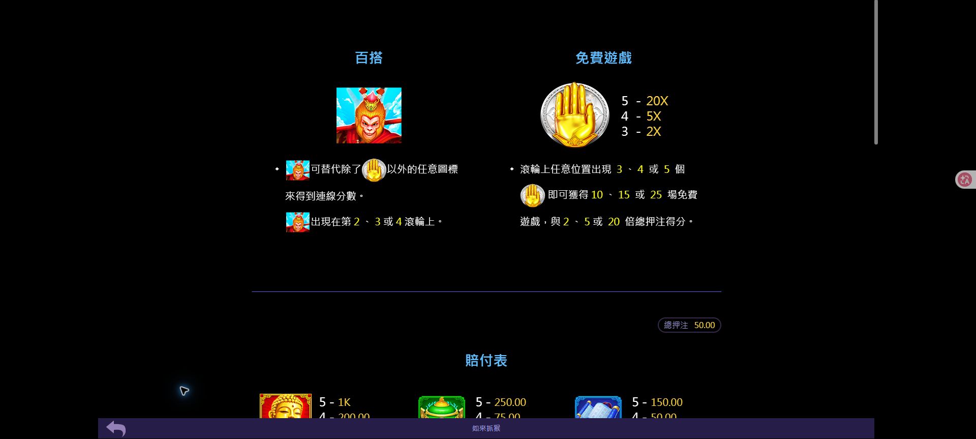 如來抓猴規則頁顯示百搭替代功能，以及三四五個金色手掌對應的免費遊戲場次