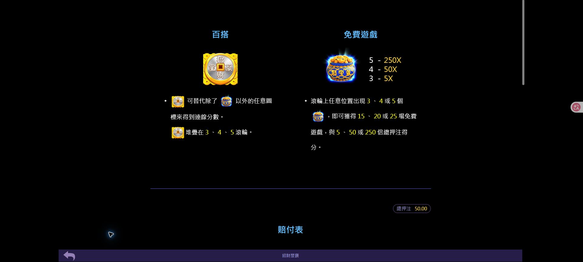 招財聚寶規則頁中的百搭與免費遊戲說明