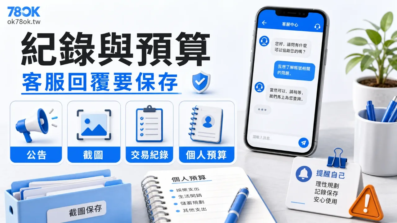 娛樂城體驗金怎麼看?TU 整理領取條件、流水與提款前檢查 4 TU 優惠參與紀錄與預算檢查圖,畫面呈現客服對話、截圖資料夾與預算筆記,提醒保存活動回覆與控制支出。