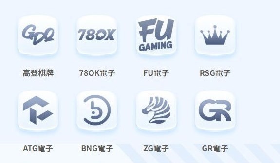 TU電子館前兩排供應商圖示，包含高登棋牌、TU電子、FU電子、RSG電子、ATG電子、BNG電子、ZG電子與GR電子
