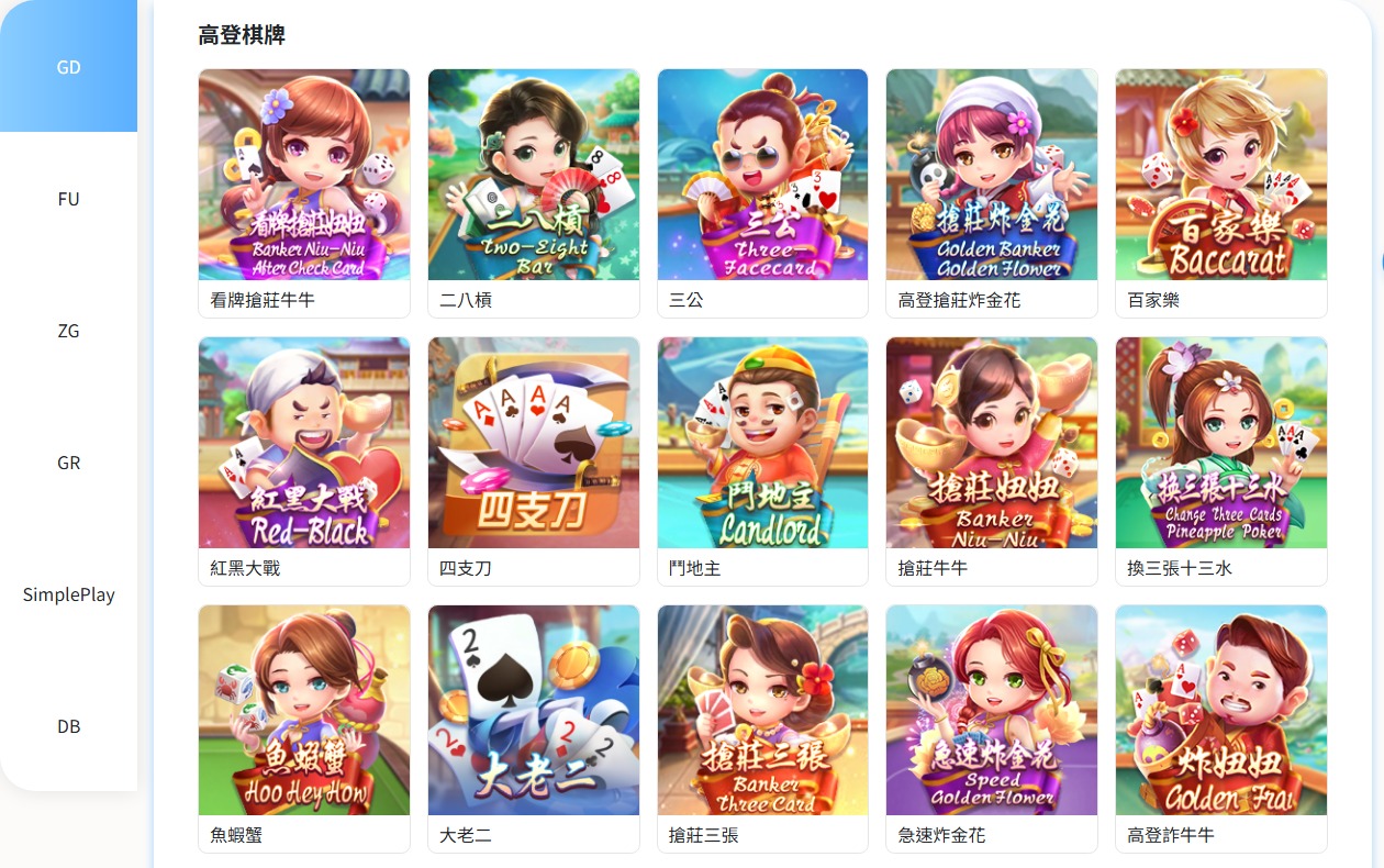 TU棋牌館供應商與遊戲列表，左側可見GD、FU、ZG、GR、SimplePlay與DB
