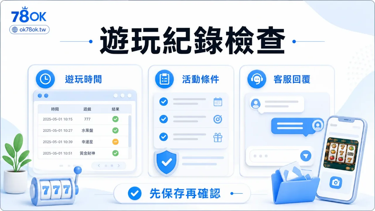 RSG 戰神呂布老虎機怎麼玩?特色、波動與預算檢查 3 TU 遊玩紀錄檢查圖,提醒保存遊玩時間、活動條件與客服回覆。